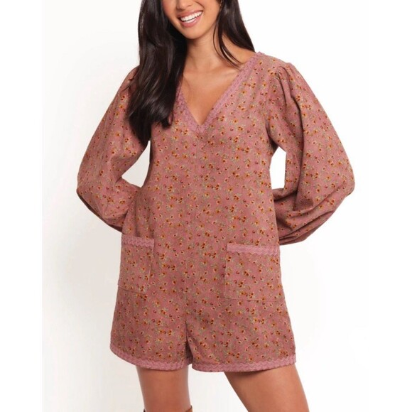 Storia Corduroy Romper Womens Large Ditsy Floral Dusty Pink Puff Sleeve Fall Fun - Picture 1 of 15